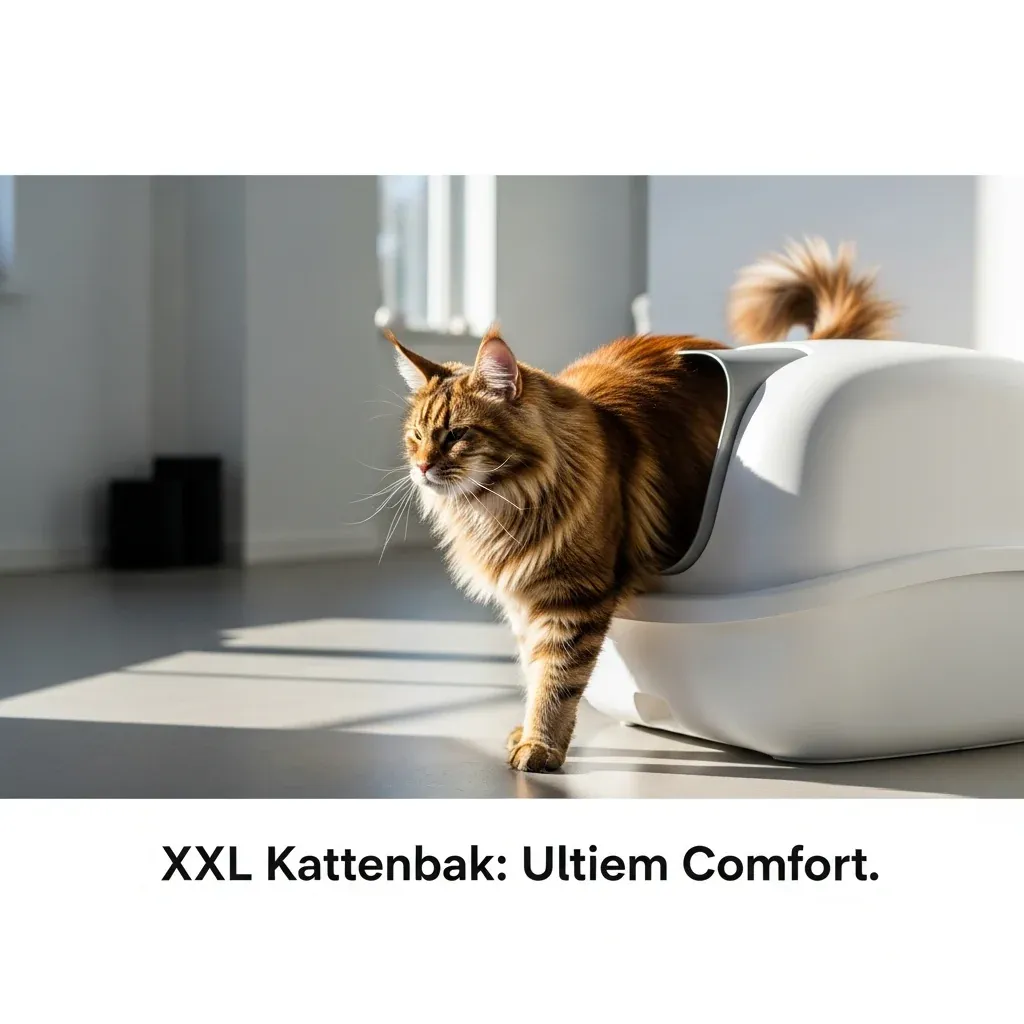 Een majestueuze Maine Coon kat stapt comfortabel in een ruime, moderne XXL zelfreinigende kattenbak in een lichte, schone woonkamer. De afbeelding illustreert de noodzaak van de juiste katten
