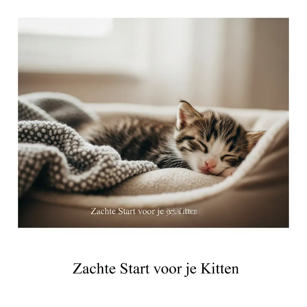 Een schattig, slapend kitten gekruld in een zacht, warm bedje, met de tekst "Zachte Start voor je Kitten" eroverheen. De afbeelding illustreert manieren om heimwee bij kittens te verzachten w