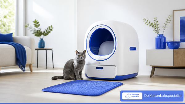 Kat naast een ruime wit-blauwe zelfreinigende kattenbak