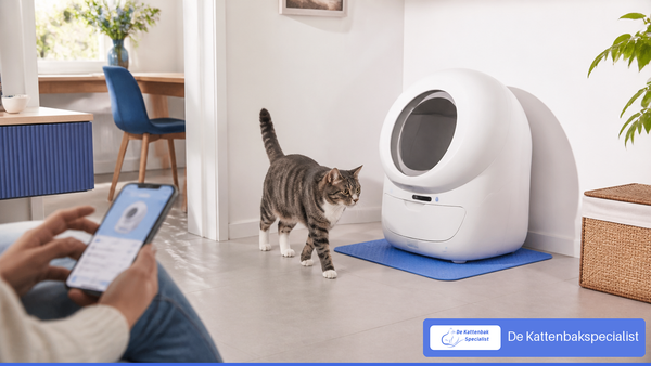 Moderne automatische kattenbak die via een mobiele app wordt bediend