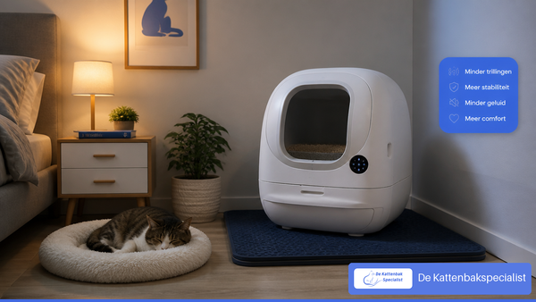 Stille wit-blauwe automatische kattenbak op een trillingsdempende mat