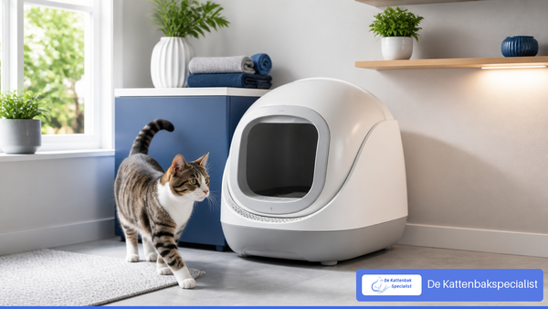 Volwassen kat bij een wit-blauwe volledig automatische kattenbak