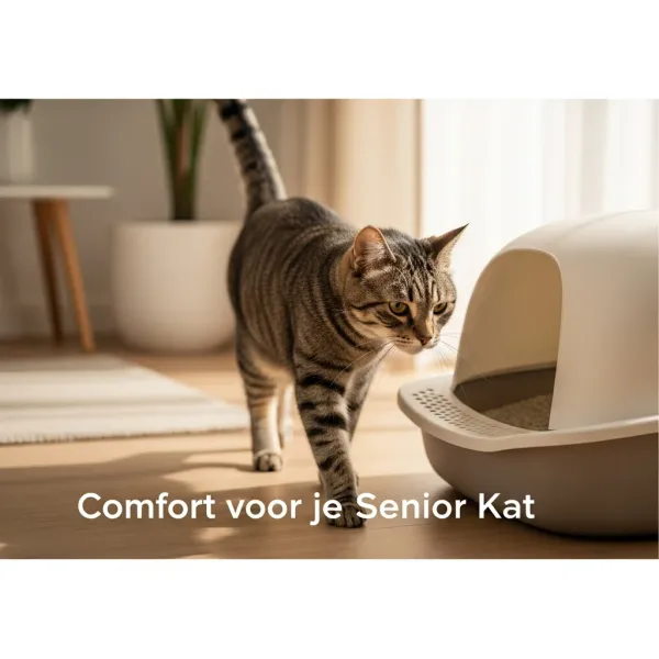Een serene, oudere kat stapt comfortabel in een moderne, lage instap kattenbak in een schone omgeving. De afbeelding illustreert de oplossing voor het probleem "Help, Mijn Oude Kat Plast Naas