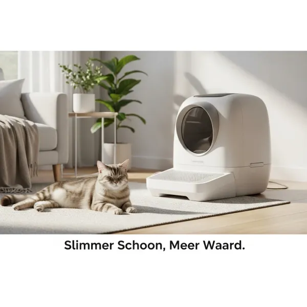Een strakke, moderne automatische kattenbak in een lichte, schone kamer met een ontspannen kat ernaast, met de headline "Slimmer Schoon, Meer Waard". Illustreert de vraag: Is een Automatische