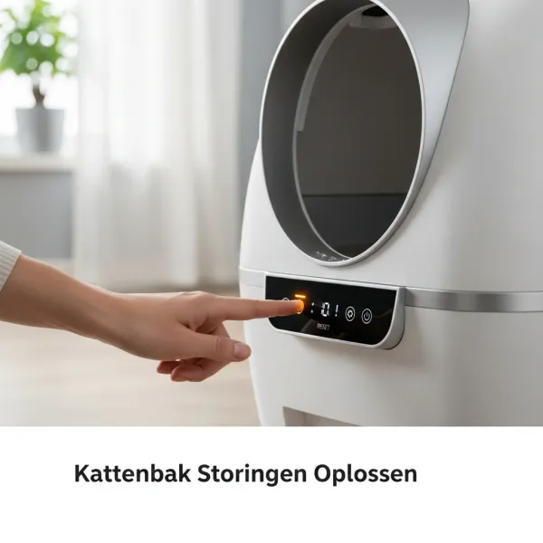 Een close-up van een automatische kattenbak met een zacht knipperend oranje lampje, terwijl een hand een storing verhelpt. De afbeelding illustreert het oplossen van automatische kattenbak st