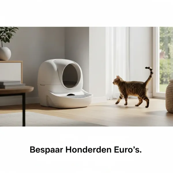 Een moderne, witte zelfreinigende kattenbak in een lichte woonkamer met een rustige kat, met de headline "Bespaar Honderden Euro's.", illustreert de eerlijke prijsvergelijking van de totale k