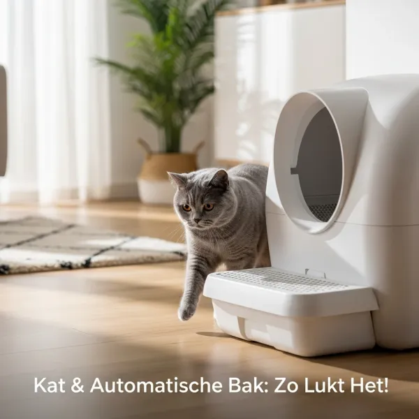 Een kalme kat die voorzichtig een moderne, witte automatische kattenbak nadert in een schone, lichte kamer, illustrerend hoe je je kat kunt leren wennen aan een automatische kattenbak met een