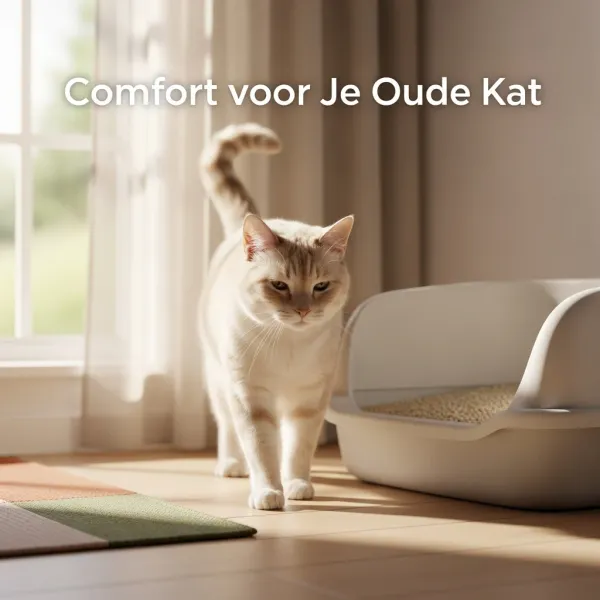 Een serene afbeelding van een oude kat die comfortabel een lage instap kattenbak gebruikt, met de headline 'Comfort voor Je Oude Kat'. Illustreert de oplossing voor 'Help, Mijn Oude Kat Plast